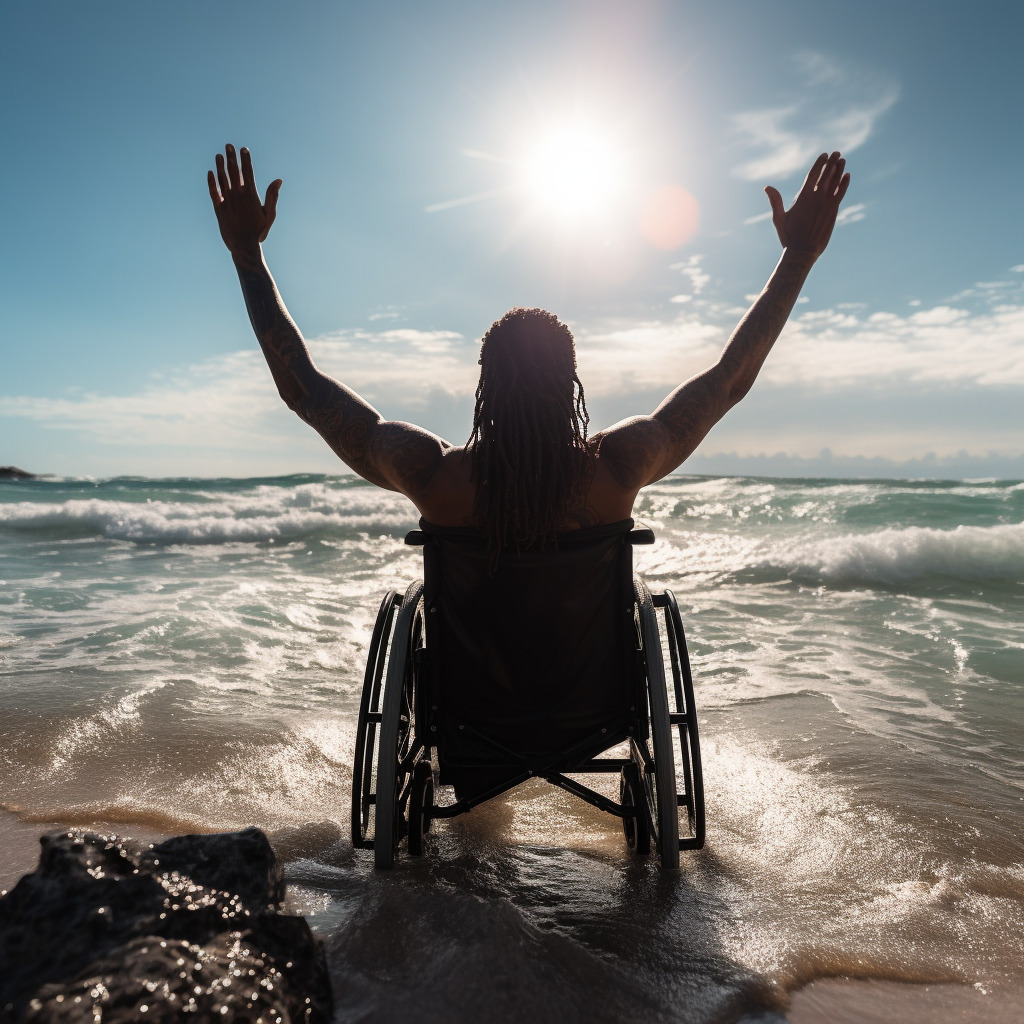 homme en fauteuil roulant à la plage